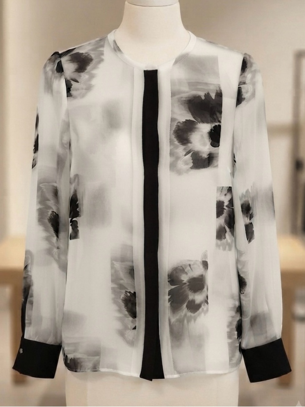 Ellen Tracy Black & White Sheer Floral-Print Blouse